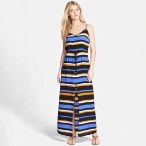 Michael Kors Multicolor Striped Blue Maxi Dress w Cinch Waist Size Small